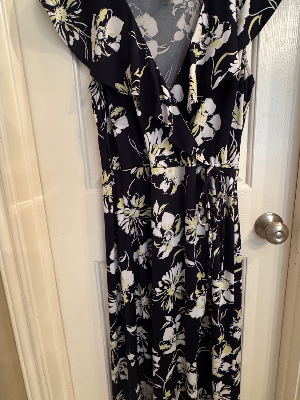 Soho Apparel Black Floral Wrap Maxi Dress with White and Pale Green Blooms